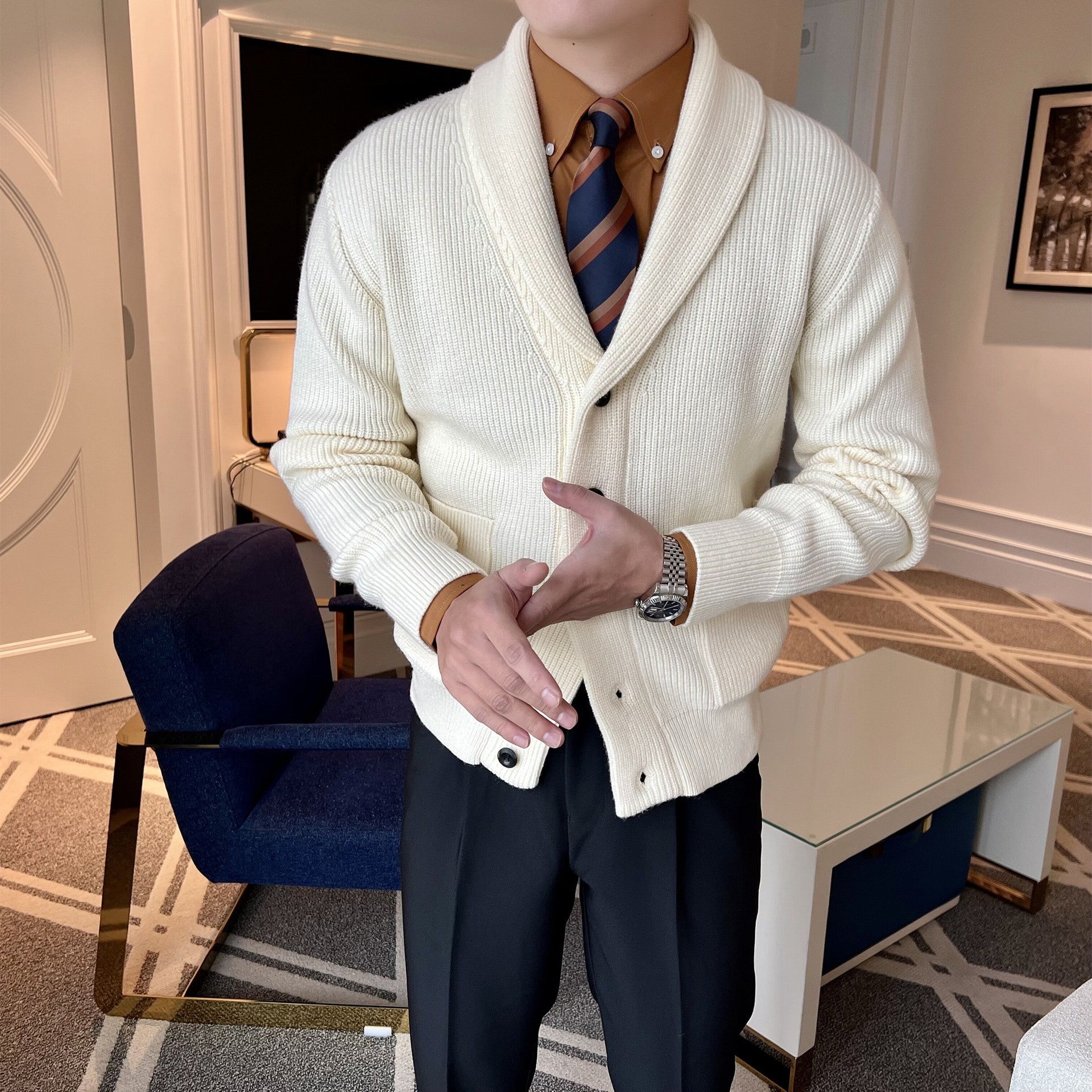 Autumn and winter high-end green fruit neck cardigan men's retro slim fit light ripe business knitted sweater popular sweater jacket