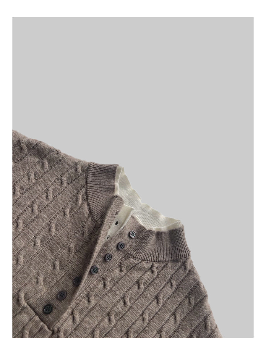 Pallaband™️ Unisex Henley collar sweater  luxury loose pullover twist design American vintage knitwear