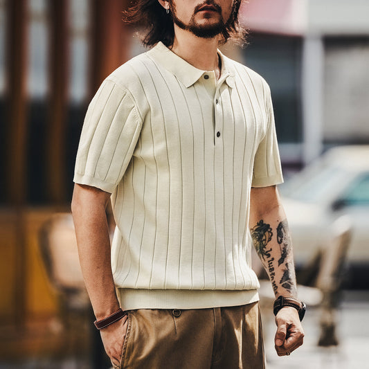 Pallaband™️ High-end trendy brand button-down vertical-striped short-sleeved polo shirt