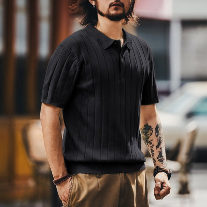 Pallaband™️ High-end trendy brand button-down vertical-striped short-sleeved polo shirt