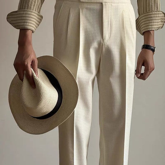 Casual waffle trousers men's Naples Paris buckle double pleated trousers business non-ironing straight suit trousers