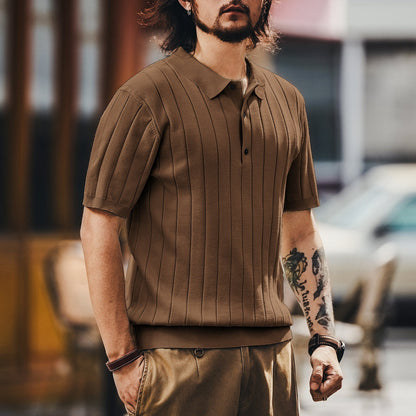 Pallaband™️ High-end trendy brand button-down vertical-striped short-sleeved polo shirt