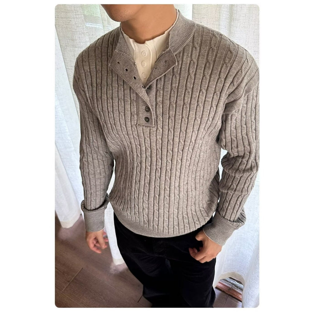 Pallaband™️ Unisex Henley collar sweater  luxury loose pullover twist design American vintage knitwear