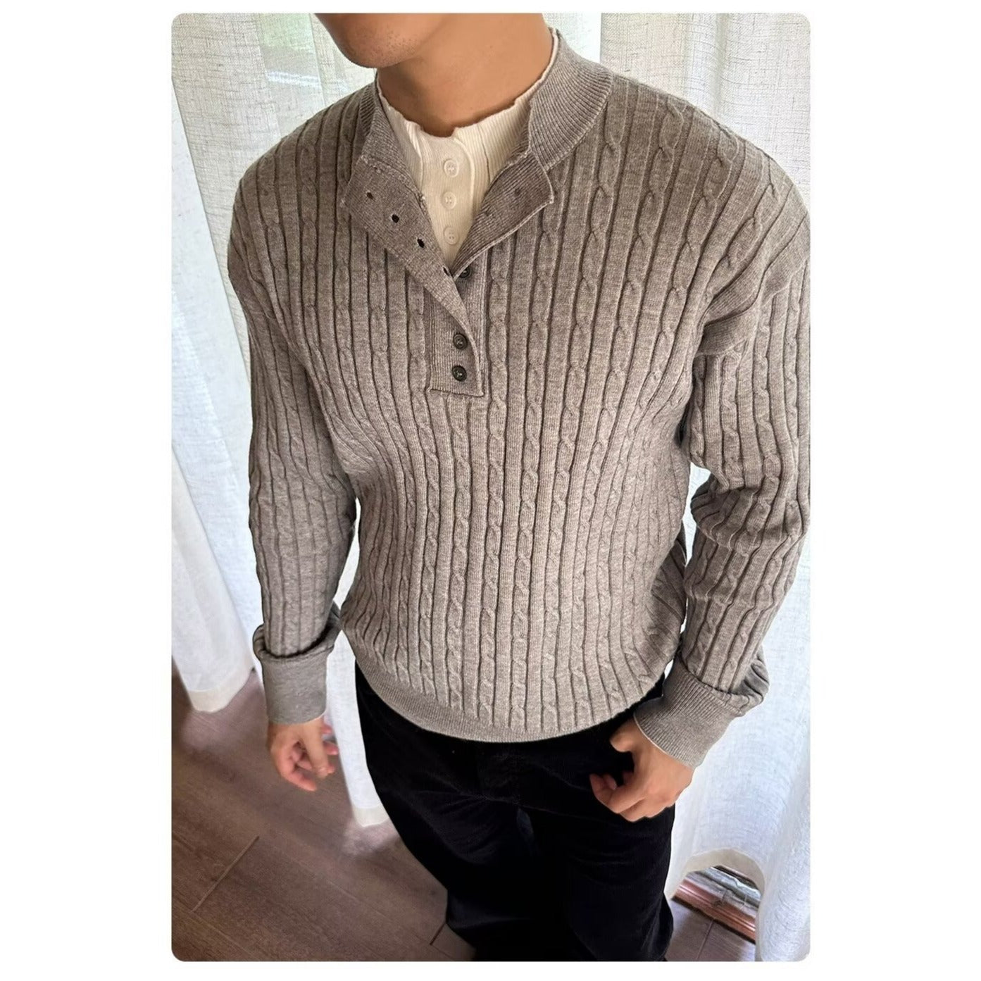 Pallaband™️ Unisex Henley collar sweater  luxury loose pullover twist design American vintage knitwear