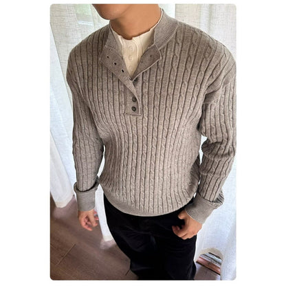 Pallaband™️ Unisex Henley collar sweater  luxury loose pullover twist design American vintage knitwear