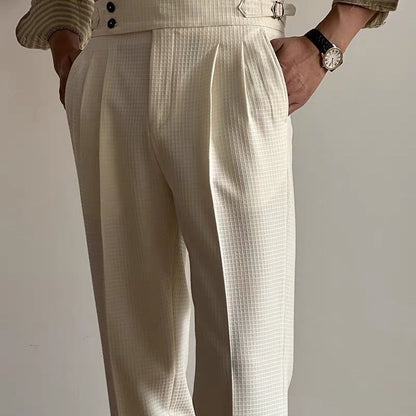 Casual waffle trousers men's Naples Paris buckle double pleated trousers business non-ironing straight suit trousers