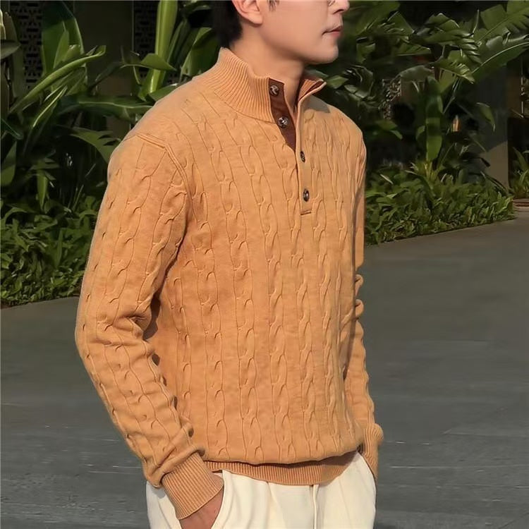Lao Qianfeng Premium Wool Twisted Pattern Color-Blocked Stand-Up Collar Pullover