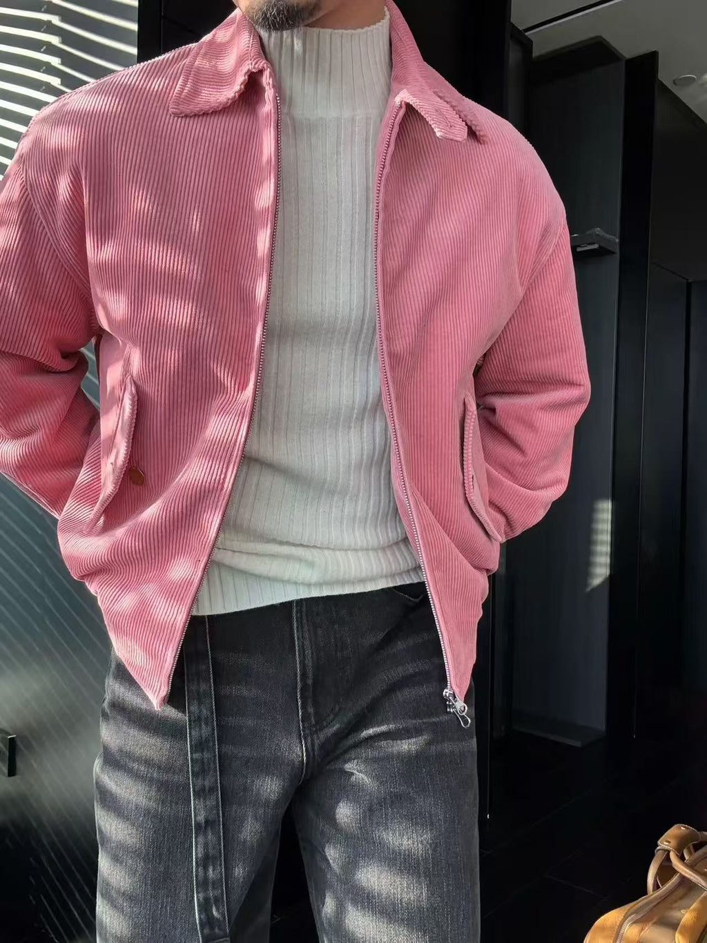 Pallaband™️ Semi-high neck vertical striped leather label knitted sweater