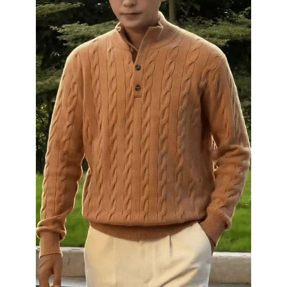 Lao Qianfeng Premium Wool Twisted Pattern Color-Blocked Stand-Up Collar Pullover