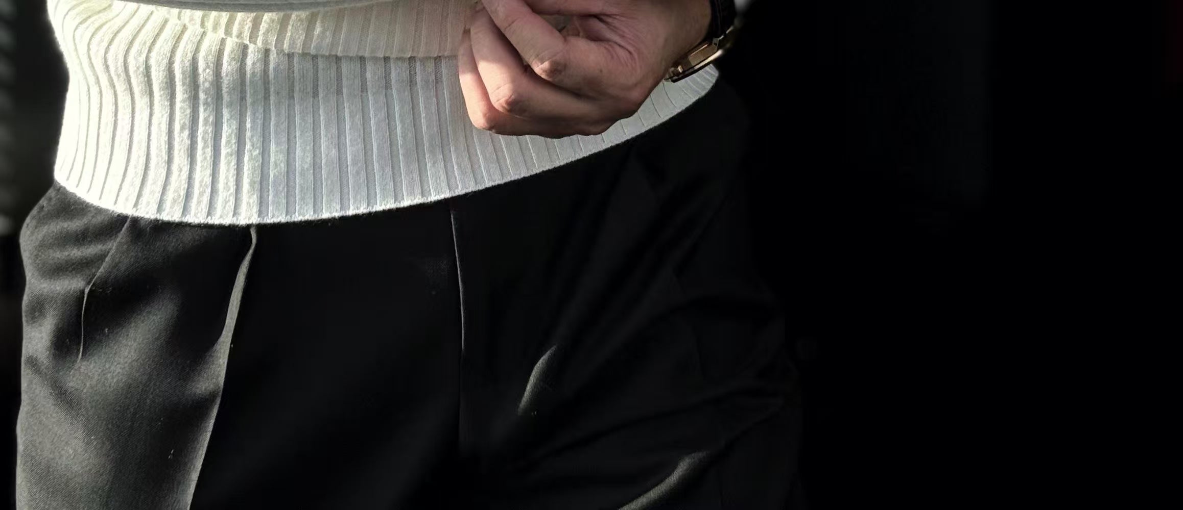 Pallaband™️ Semi-high neck vertical striped leather label knitted sweater