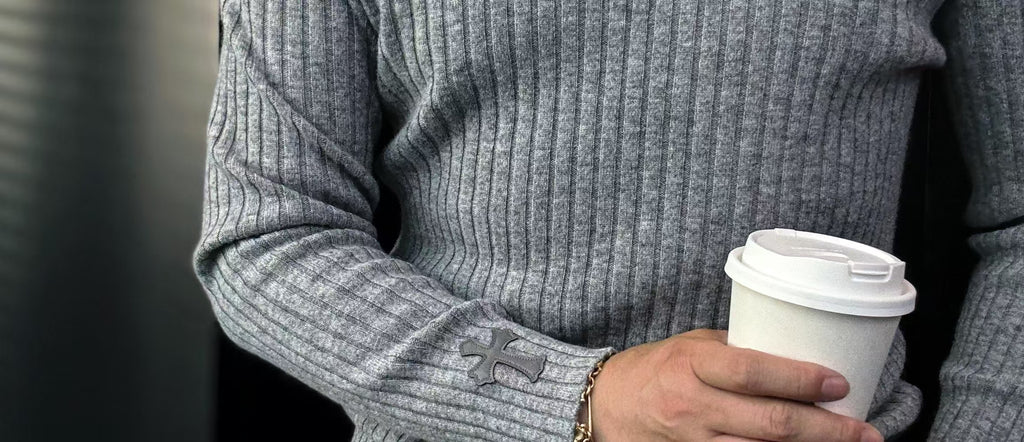 Pallaband™️ Semi-high neck vertical striped leather label knitted sweater