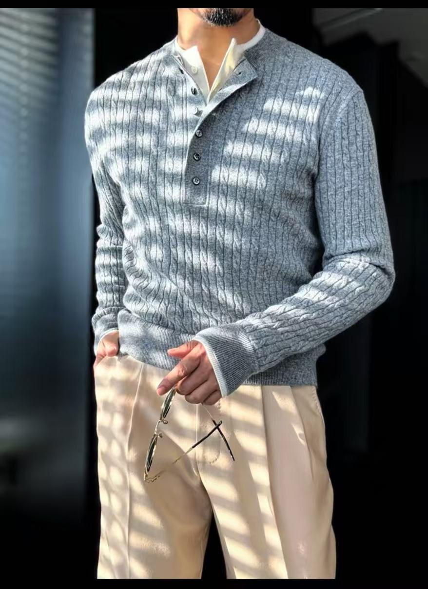 Pallaband™️ Unisex Henley collar sweater  luxury loose pullover twist design American vintage knitwear