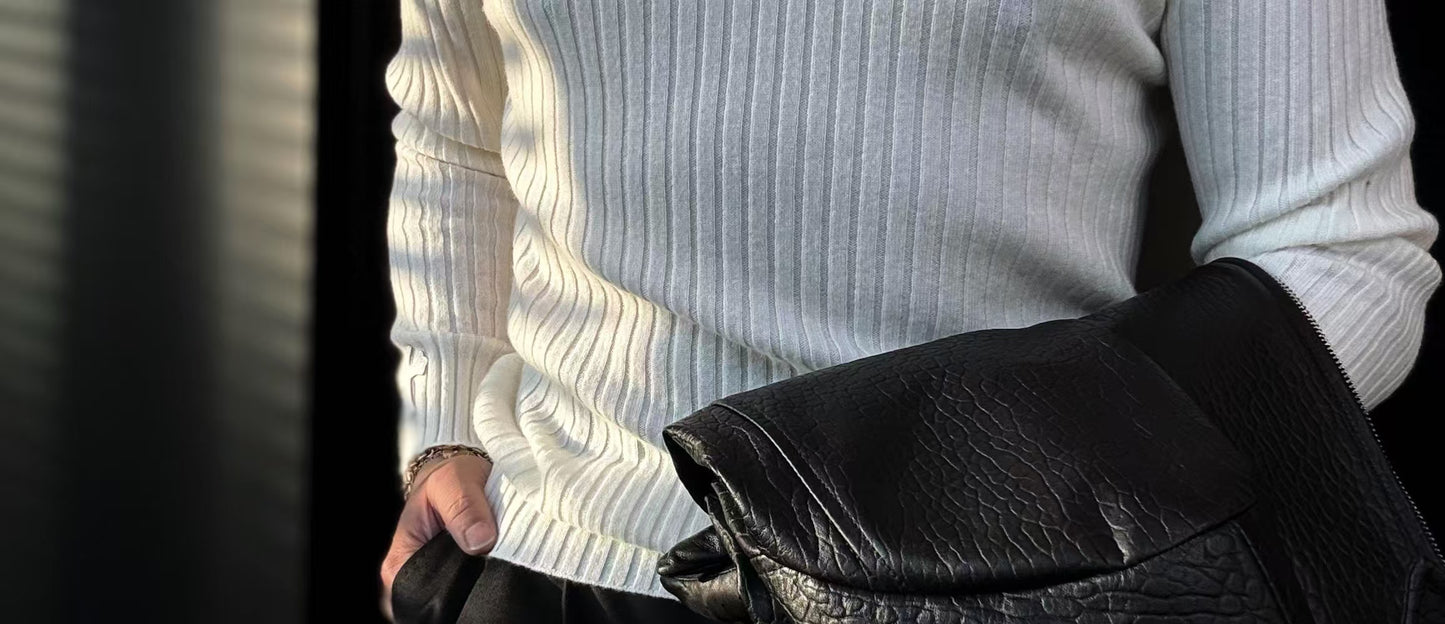 Pallaband™️ Semi-high neck vertical striped leather label knitted sweater