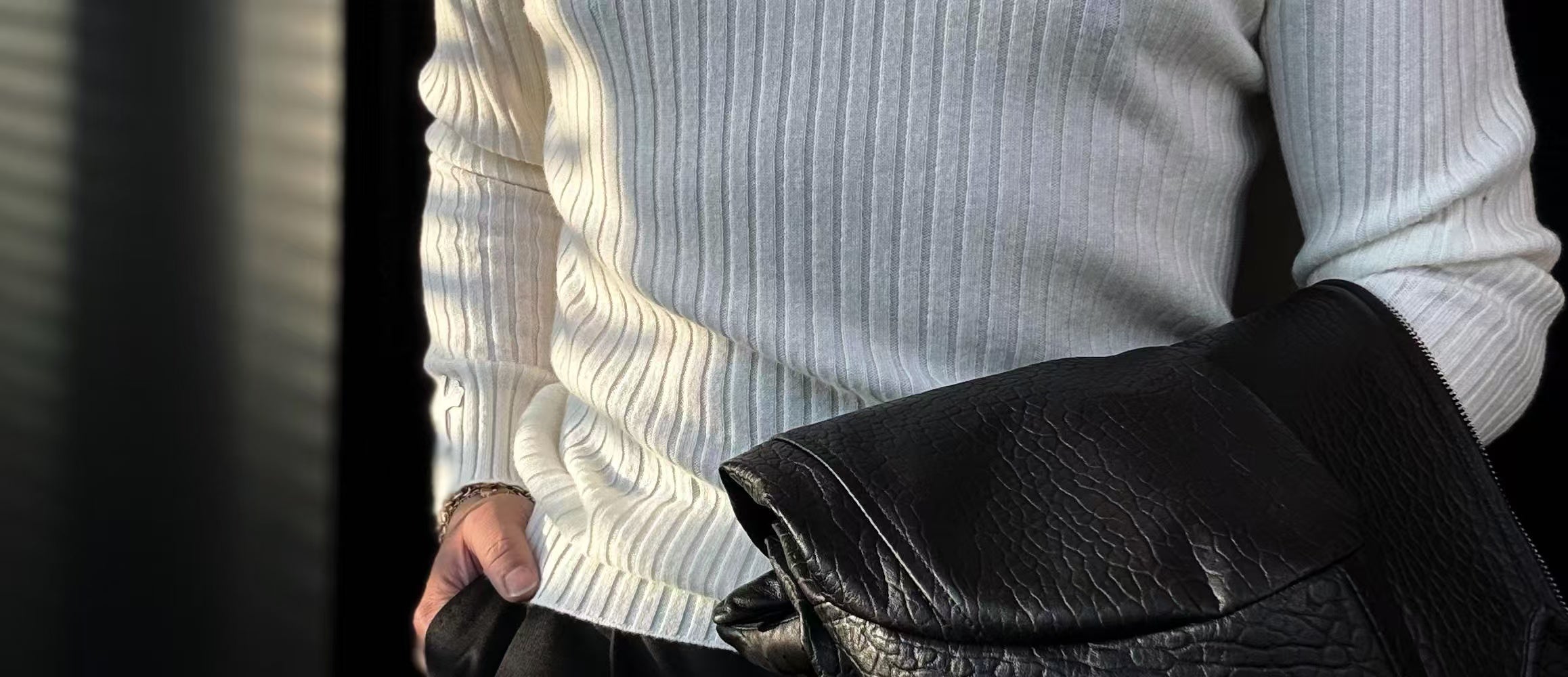 Pallaband™️ Semi-high neck vertical striped leather label knitted sweater