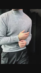 Pallaband™️ Semi-high neck vertical striped leather label knitted sweater