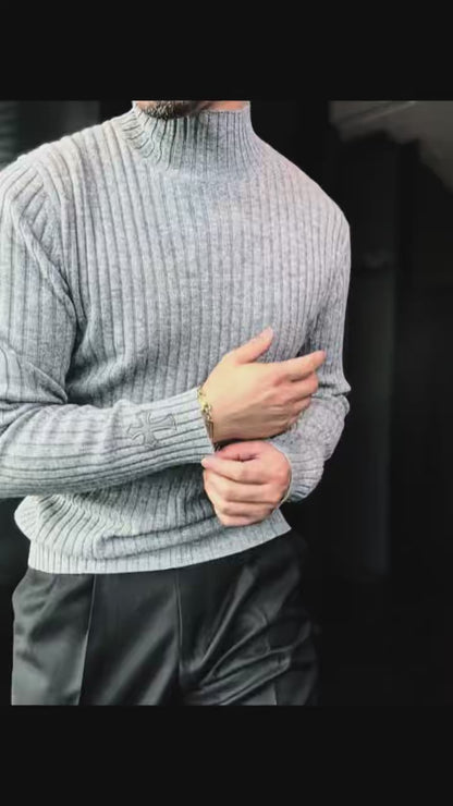 Pallaband™️ Semi-high neck vertical striped leather label knitted sweater